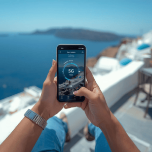 A POV shot of a traveler holding a smartphone with a 5G signal icon at a cafe in Santorini, Greece, showcasing fast eSIM data connectivity while traveling