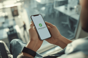 A close-up of a traveler in a modern airport terminal holding a smartphone that displays a successful eSIM activation message with a green checkmark