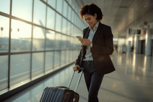 A confident traveler using their phone while walking through an airport, illustrating the ease of activating data immediately upon arrival.