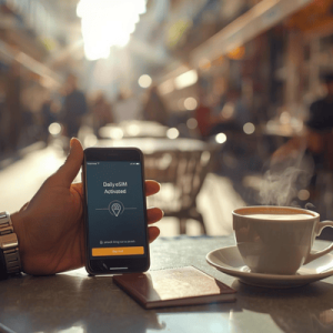 A digital nomad using a Saily eSIM on a smartphone at a sunny European cafe with a passport on the table.