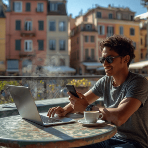 A digital nomad using a prepaid eSIM connection while working remotely in a European cafe.