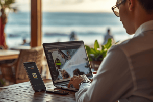 A digital nomad working at a beach café with a smartphone showing a 5G connection via an eSIM.