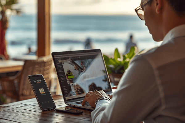 A digital nomad working at a beach café with a smartphone showing a 5G connection via an eSIM.