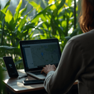 A digital nomad working in an outdoor cafe with a smartphone connected to a global eSIM data plan for remote work
