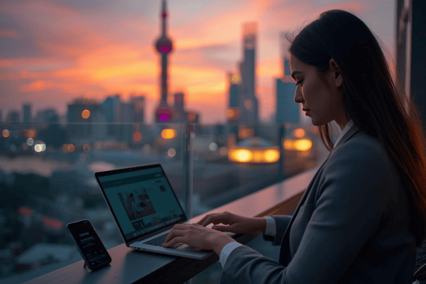 A digital nomad working on a laptop in Shanghai, China, using the best eSIM for China to stay connected.