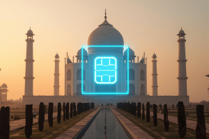 A futuristic holographic eSIM icon glowing in front of the Taj Mahal at sunrise, symbolizing modern travel connectivity in India.