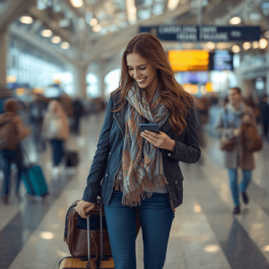 A happy traveler using GPS navigation on their phone immediately after arriving at a busy international airport
