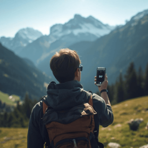 A hiker in the mountains checking a strong 5G signal on their phone, illustrating Maya Mobile's multi-network redundancy
