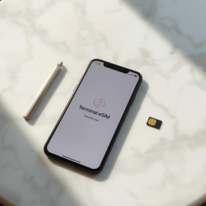 A modern smartphone with an active Terminal eSIM plan, showing how physical SIM cards and ejector tools are no longer needed.