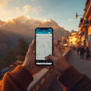 A person holding a smartphone using a navigation map app while looking at a scenic mountain landscape during sunset.