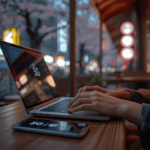 A person working on a laptop at an outdoor cafe in Tokyo with a smartphone showing a strong 5G signal, illustrating reliable travel data