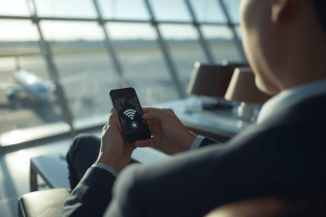 A professional traveler in an airport lounge using an international mobile plan on a smartphone with a digital map display.