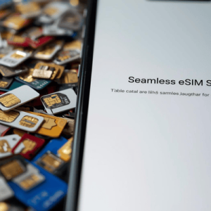 A side-by-side comparison of old physical SIM cards and a modern smartphone with an active eSIM profile.