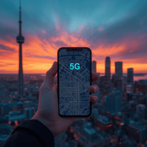 A smartphone displaying a map in Toronto, highlighting high-speed data with the best eSIM for Canada