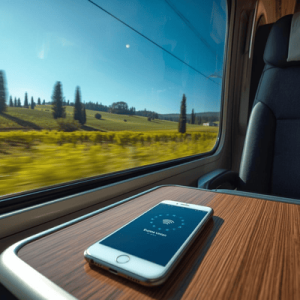 A smartphone showing 5G signal on a train traveling through the Italian countryside.