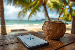 A smartphone showing a strong 5G connection via Terminal eSIM at a tropical beach cafe in Thailand.