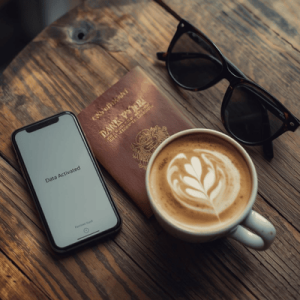 A smartphone showing an activated Instabridge eSIM data plan next to a passport and coffee on a cafe table.