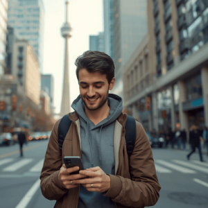 A tourist using a smartphone powered by a Canada eSIM to navigate downtown Toronto.