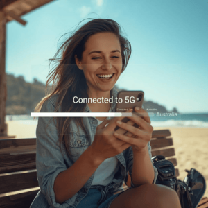 A tourist using high-speed 5G data from an eSIM Australia while relaxing at a beach.