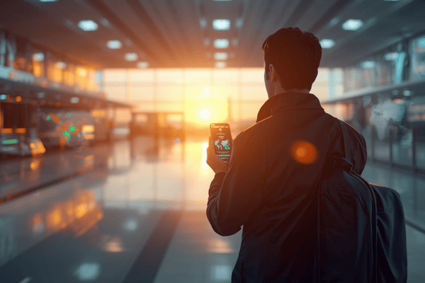 A traveler activating a prepaid eSIM on a smartphone in a modern airport terminal with global travel icons in the background.