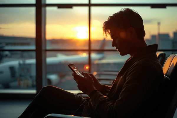 A traveler at an airport terminal looking at a smartphone with a digital connection screen, airplanes visible through the window at sunset