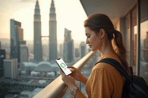 A traveler checking their esim malaysia data balance on a smartphone with the Petronas Twin Towers in Kuala Lumpur visible in the background at sunset.