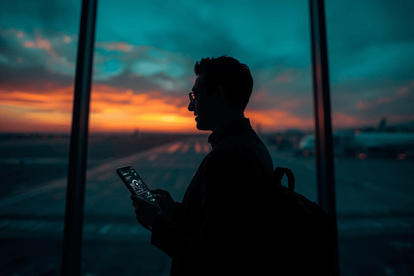 A traveler holding a smartphone with a digital connection map at an airport, symbolizing international connectivity with Maya Mobile eSIM