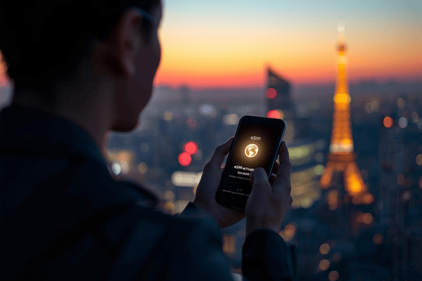 A traveler holding a smartphone with a global eSIM activation screen against a blurred sunset city skyline, symbolizing worldwide connectivity