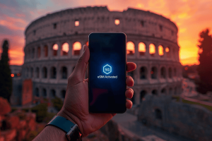 A traveler holding a smartphone with an activated eSIM in front of the Colosseum in Rome, Italy.