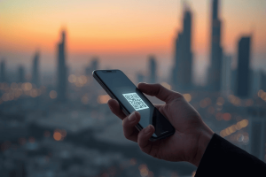 A traveler holding a smartphone with an eSIM QR code against the blurred Abu Dhabi skyline at sunset.