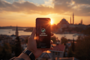 A traveler in Istanbul using a smartphone with an activated eSIM against the backdrop of the Hagia Sophia at sunset.