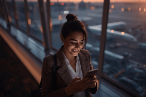 A traveler in an airport lounge smiling at their smartphone with airplanes visible through a window in the background; soft sunset lighting