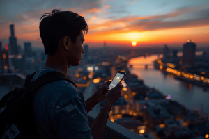 A traveler on a Bangkok rooftop holding a smartphone showing a digital eSIM connection icon with the city skyline at sunset in the background