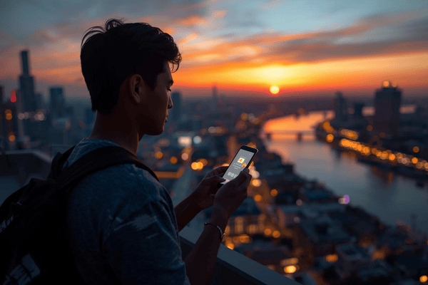 A traveler on a Bangkok rooftop holding a smartphone showing a digital eSIM connection icon with the city skyline at sunset in the background