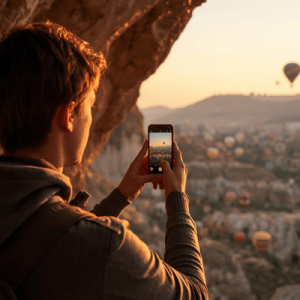 A traveler on a stone balcony in Cappadocia filming hot air balloons at sunrise with a smartphone.