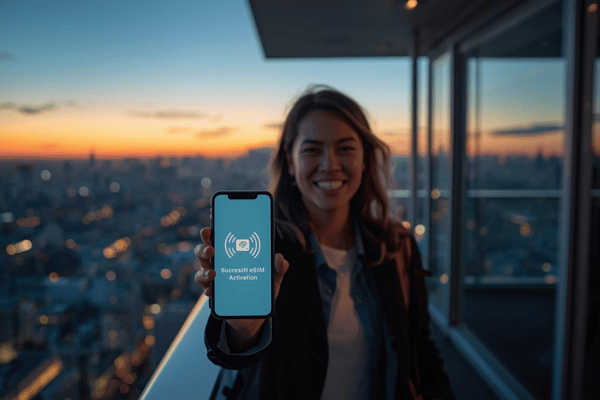 A traveler overlooking the Tokyo skyline at sunset, holding a smartphone with a successful Manet eSIM activation screen.