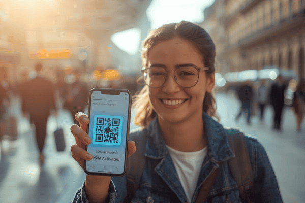 A traveler successfully activating an eSIM card on their smartphone in a sunny European city.