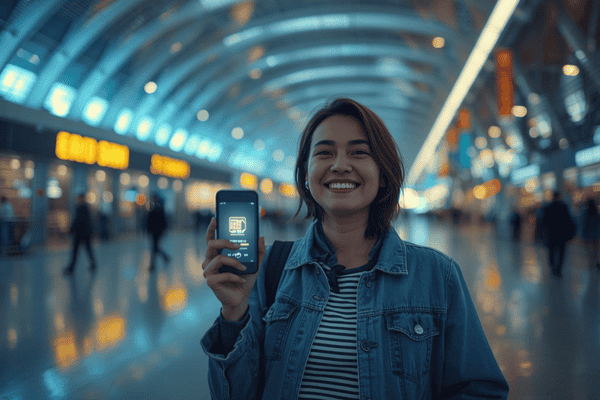 A traveler using a smartphone with a digital eSIM connection in a modern airport, illustrating the convenience of unlimited esim plans