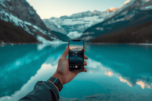 A traveler using a smartphone with a digital interface at Lake Louise, Canada, representing the best eSIM for Canada coverage