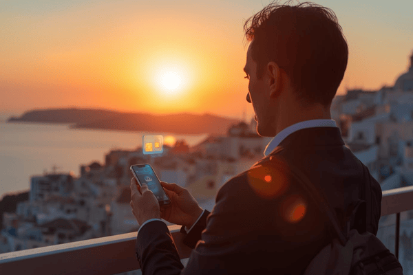 A traveler using a smartphone with a glowing eSIM icon overlooking a sunset city skyline, representing modern travel data solutions