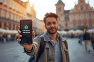 A traveler using a smartphone with an eSIM connection active while standing in a sunny European city square, illustrating global connectivity