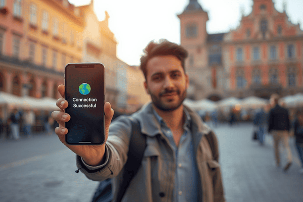 A traveler using a smartphone with an eSIM connection active while standing in a sunny European city square, illustrating global connectivity
