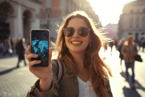 A traveler using the Instabridge app on a smartphone to stay connected in a sunny European city square.