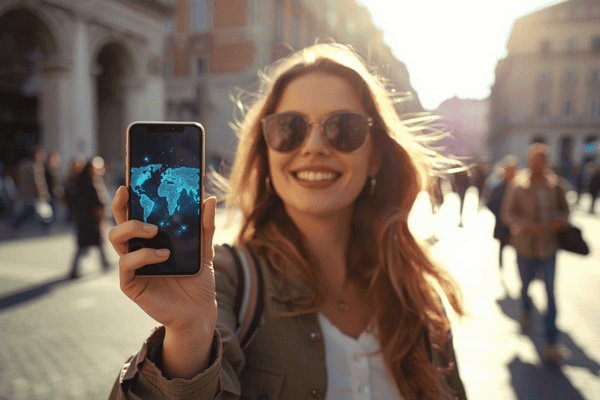 A traveler using the Instabridge app on a smartphone to stay connected in a sunny European city square.