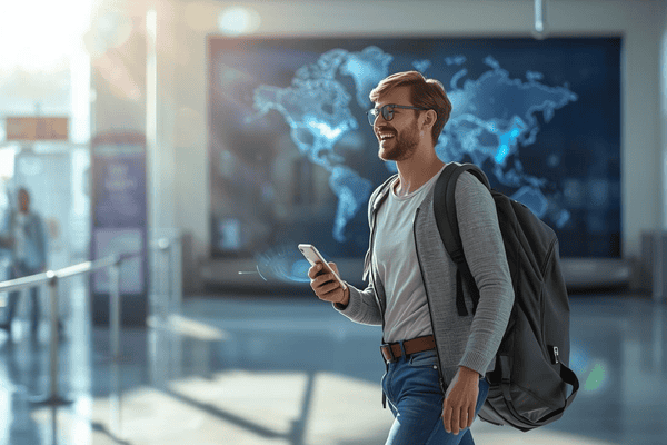 A traveler walking through a bright modern airport terminal holding a smartphone with glowing digital signal lines to represent instant e sim connectivity.