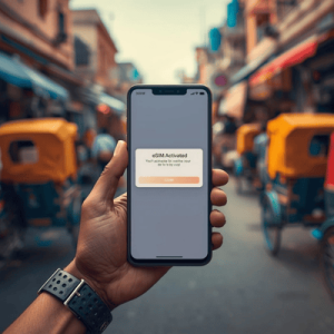 Close-up of a smartphone screen showing a successful eSIM activation notification in a vibrant, busy street market in Jaipur, India.