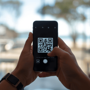 Close-up of a traveler scanning a QR code to install a Terminal eSIM Australia plan.