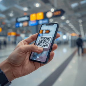 Close-up of a traveler scanning an eSIM QR code at a Bangkok airport terminal for instant activation
