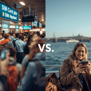 Comparison image showing the stress of airport SIM card lines versus the convenience of using an eSIM on an Istanbul ferry.