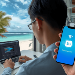 Digital nomad using a high-speed eSIM card connection to work remotely from a beautiful travel destination.